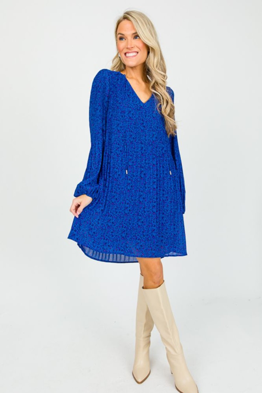 Skies Are Blue Dresses W/ Sleeves | Pleated Print Dress, Cobalt