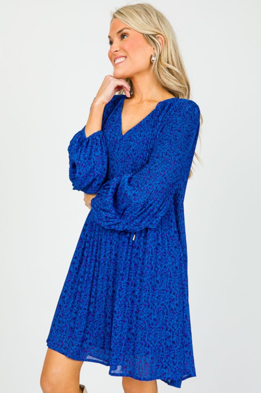 Skies Are Blue Dresses W/ Sleeves | Pleated Print Dress, Cobalt