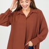 Stylive 3/4 & Long Sleeve | Rachel Center Pleat Blouse, Cognac