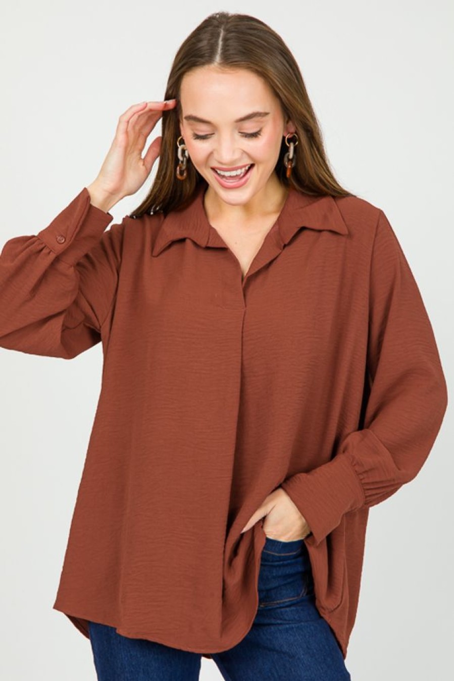 Stylive 3/4 & Long Sleeve | Rachel Center Pleat Blouse, Cognac