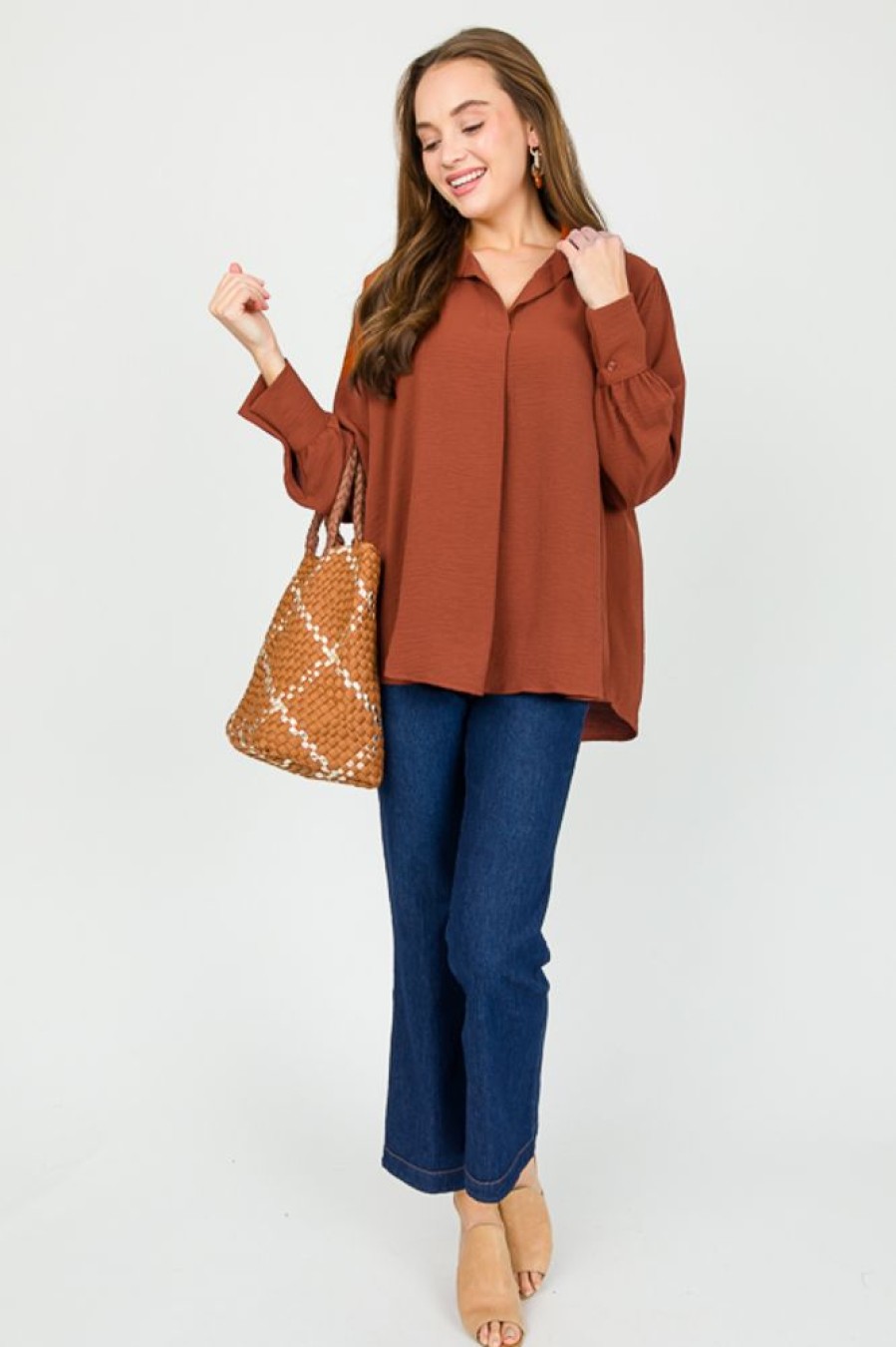 Stylive 3/4 & Long Sleeve | Rachel Center Pleat Blouse, Cognac