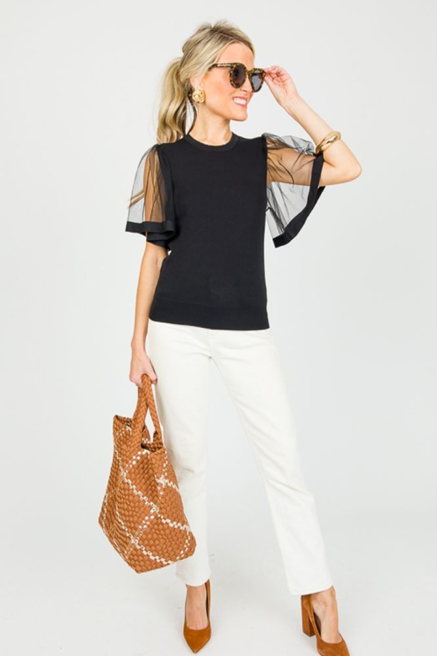 Ellison Short Sleeve & Sleeveless | Mesh Sleeve Knit Top, Black