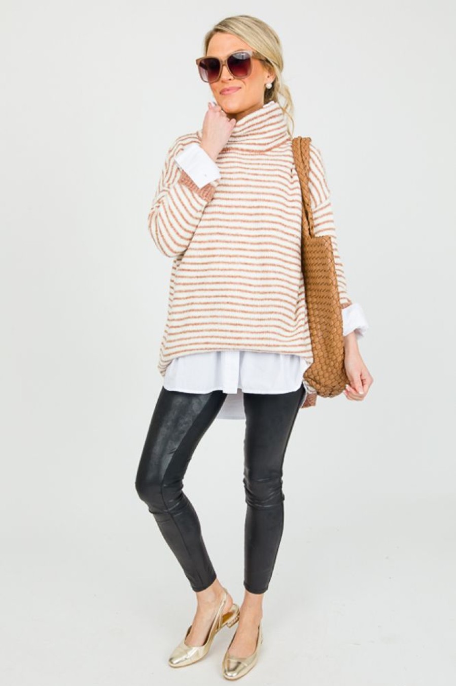 Miracle 3/4 & Long Sleeve | Dip Hem Stripe Sweater, Rust/Cream