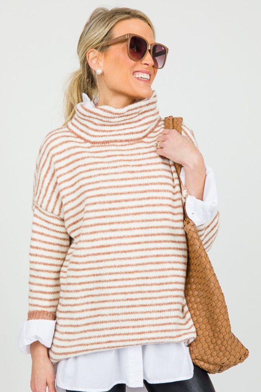 Miracle 3/4 & Long Sleeve | Dip Hem Stripe Sweater, Rust/Cream