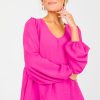 Cotton Bleu 3/4 & Long Sleeve | Ruffle Hem Babydoll Top, Magenta