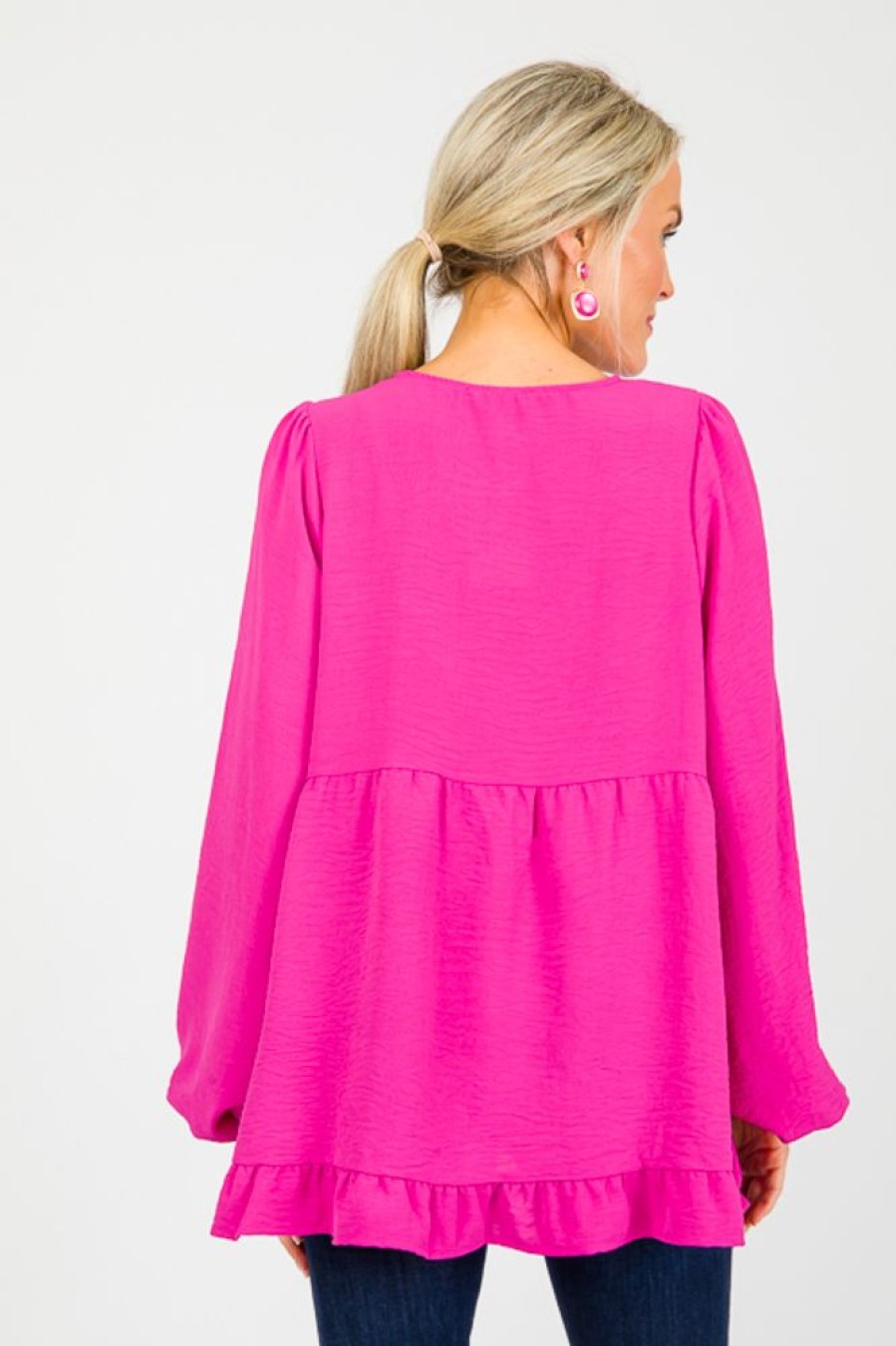 Cotton Bleu 3/4 & Long Sleeve | Ruffle Hem Babydoll Top, Magenta