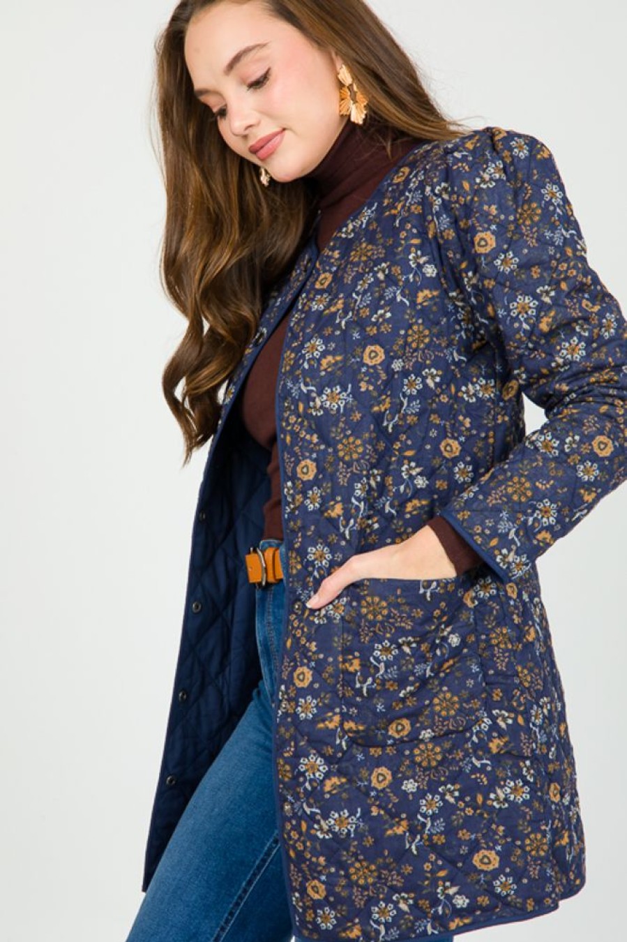 Current Air Jackets / Coats / Vests / Blazers | Floral Quilted Long Jacket, Navy