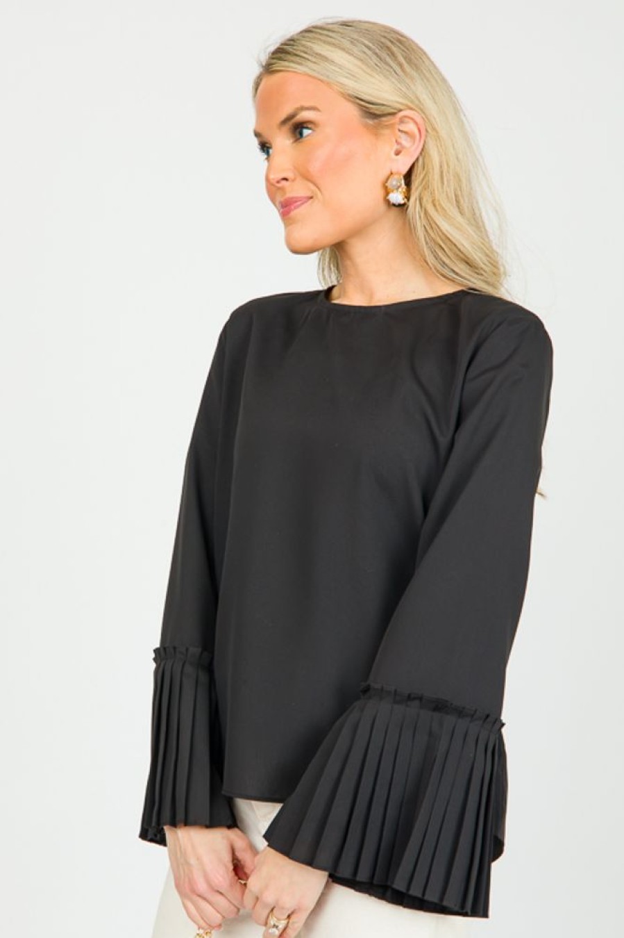 Glam 3/4 & Long Sleeve | Pleat Bell Sleeve Blouse, Black