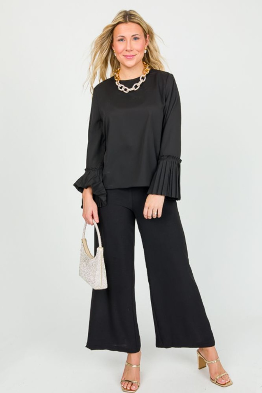 Glam 3/4 & Long Sleeve | Pleat Bell Sleeve Blouse, Black