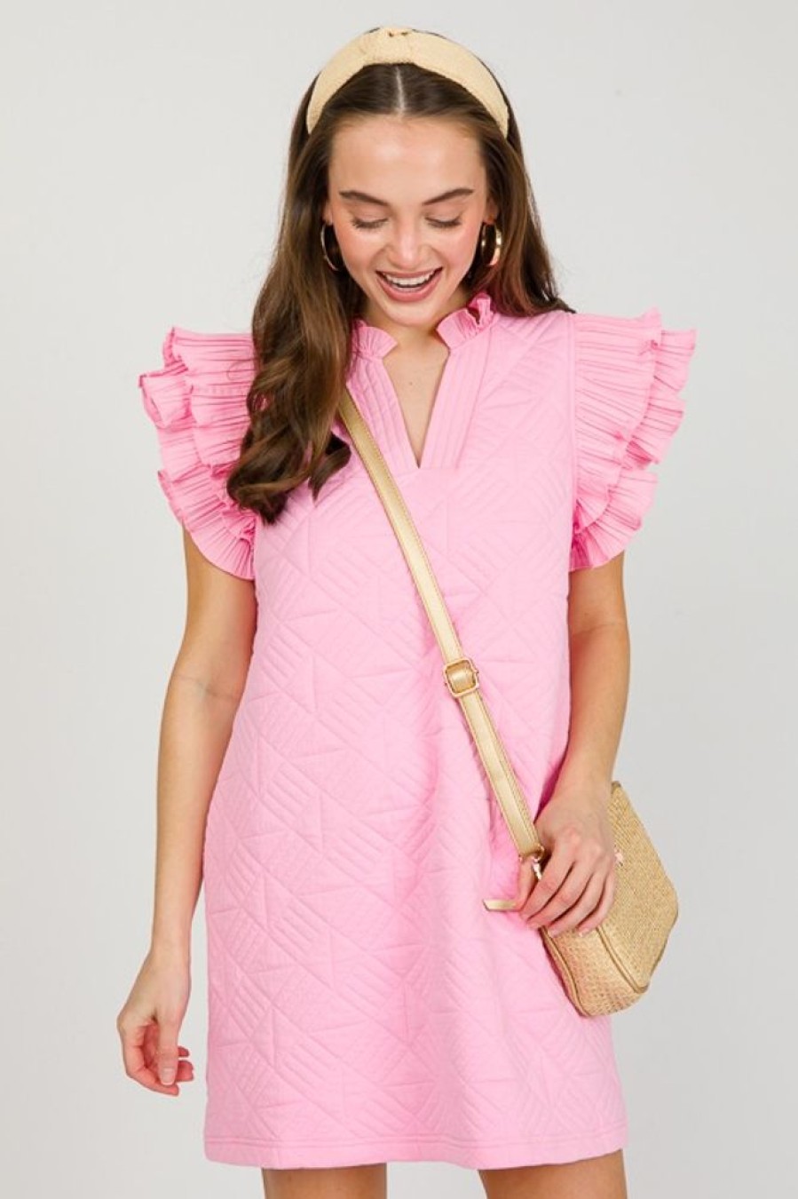 Entro Sleeveless | Quilted Ruffle Dress, Pink