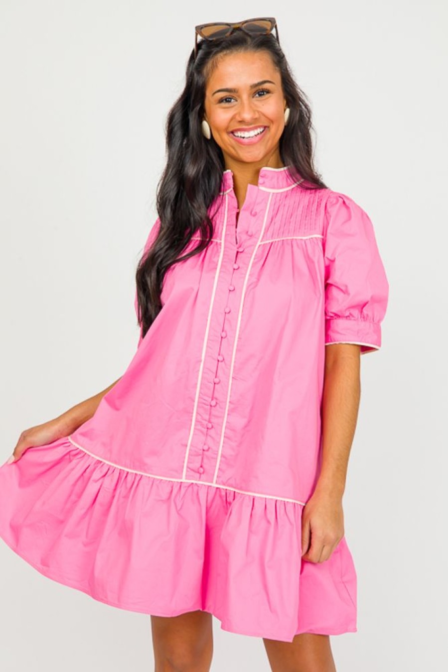 Pretty Follies Dresses W/ Sleeves | Piper Button Dress, Pink