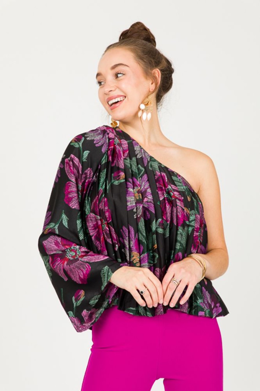 BtFL-Life Off Shoulder | Pleated Blooms One Shoulder, Black