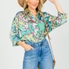 Jodifl 3/4 & Long Sleeve | Boho Leaf Button Up, Green Mix