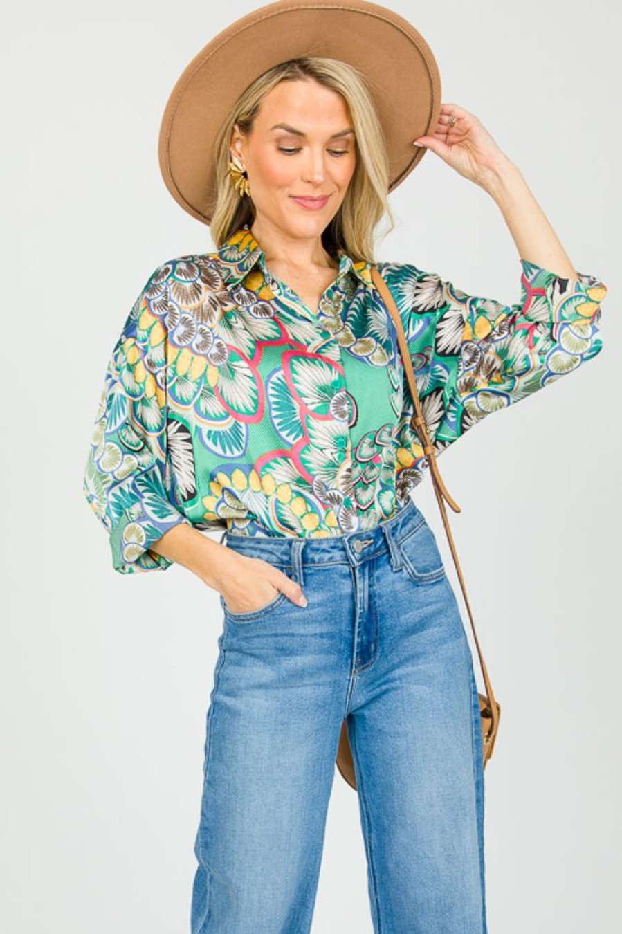 Jodifl 3/4 & Long Sleeve | Boho Leaf Button Up, Green Mix