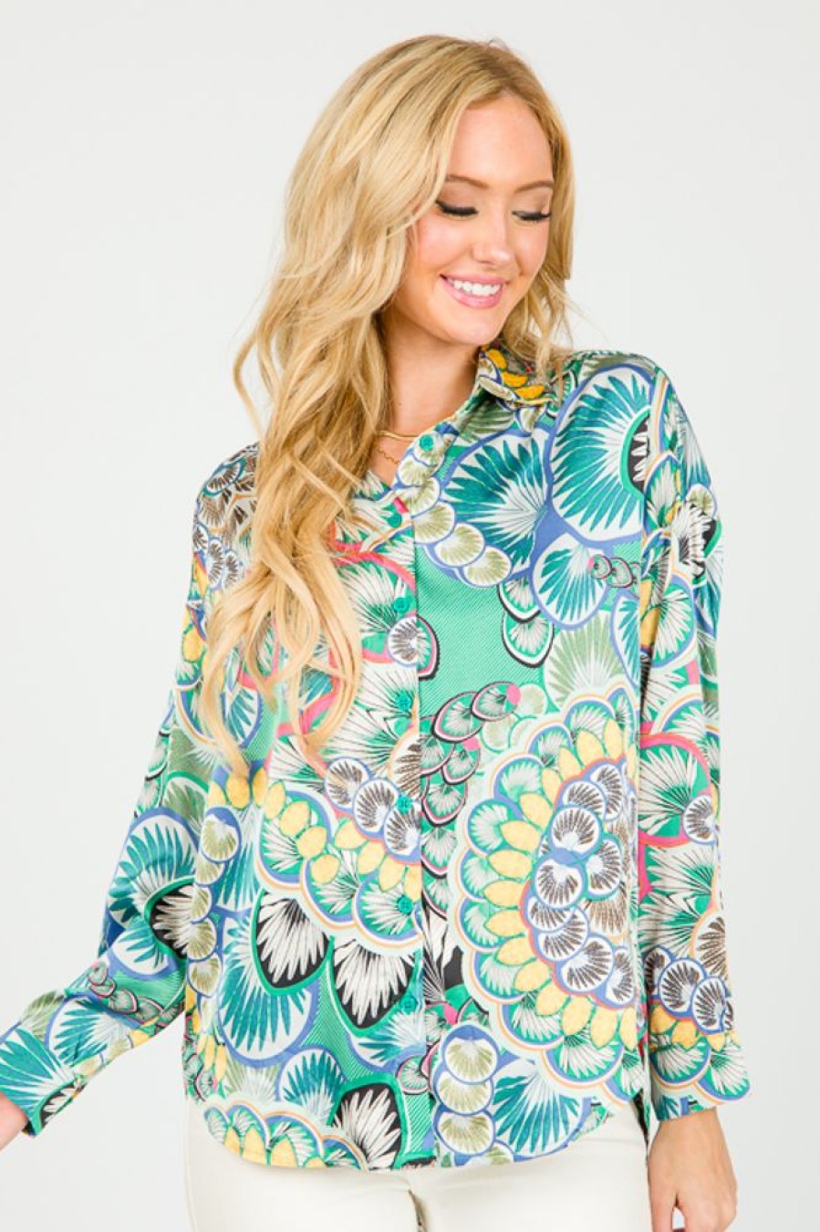 Jodifl 3/4 & Long Sleeve | Boho Leaf Button Up, Green Mix