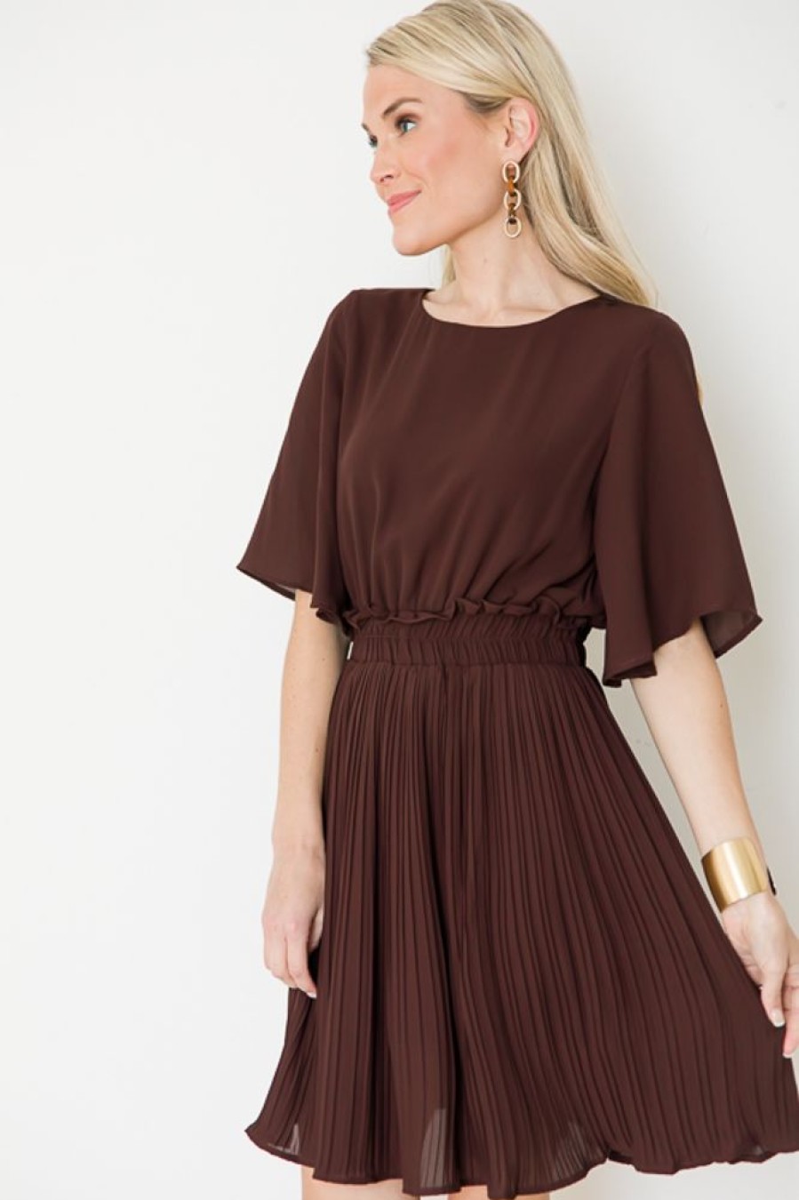 LLove Dresses W/ Sleeves | Alma Pleated Dress, Dark Brown