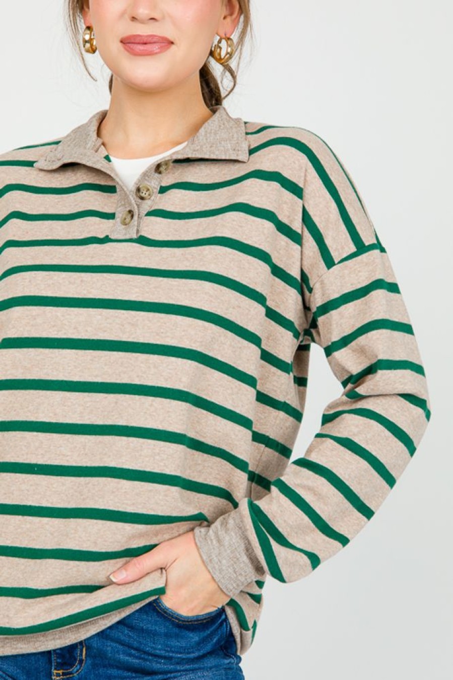 Doe and Rae 3/4 & Long Sleeve | Stripe Henley Top, Oatmeal